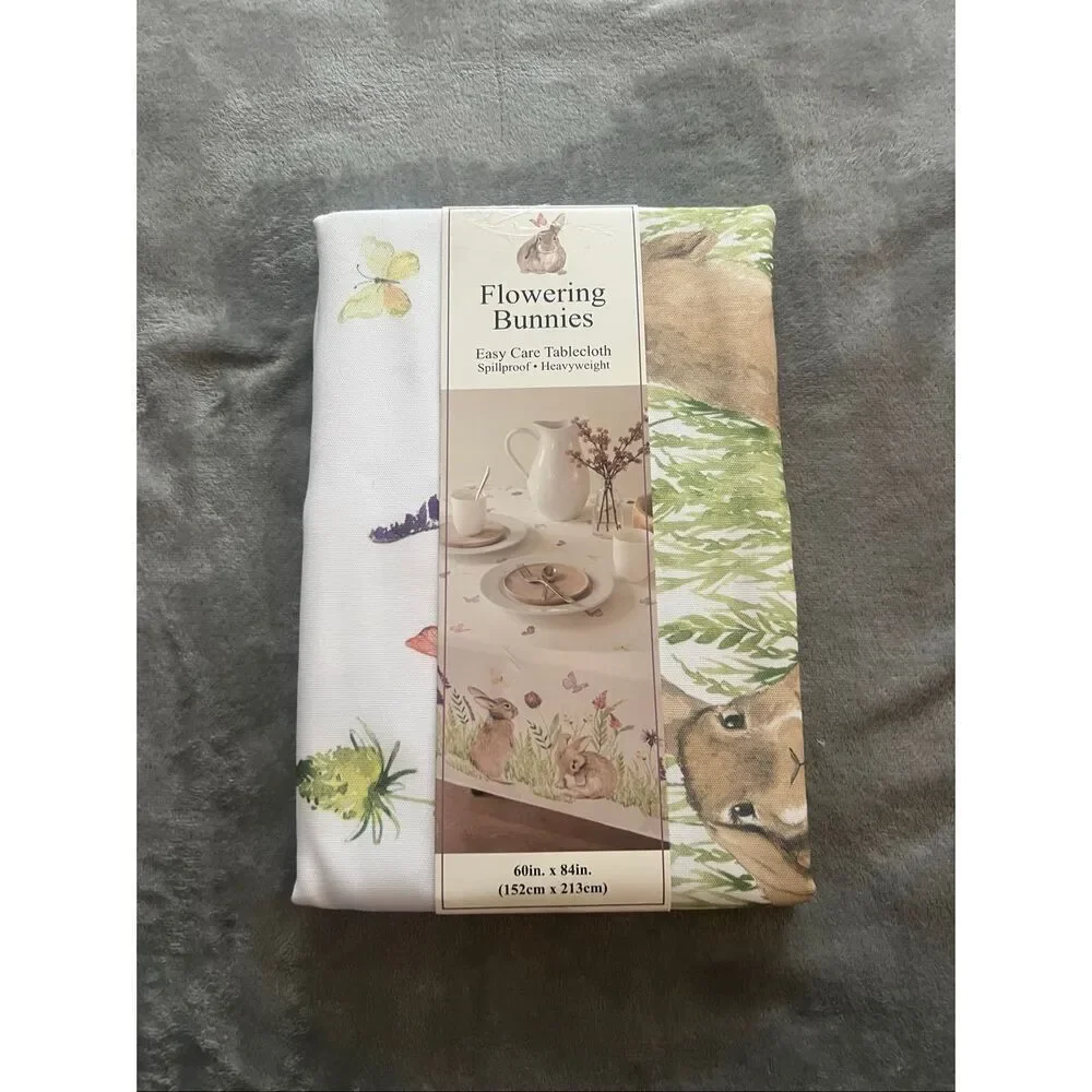 Benson Mills Flowering Bunnies Easy Care Tablecloth Oblong 60in. X 84in. NEW-Sma